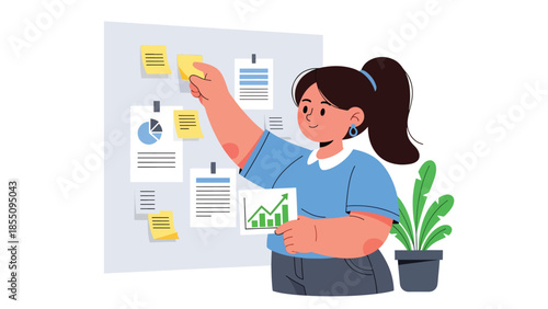 Modern flat vector illustration of woman organizing tasks and notes in office, productivity planning scene, ideal for project management visuals