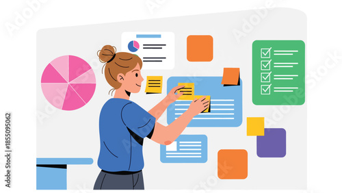 Modern flat vector illustration of woman organizing tasks and notes in office, productivity planning scene, ideal for project management visuals