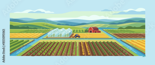 Agricultural landscape with fields, greenhouses, and a farm