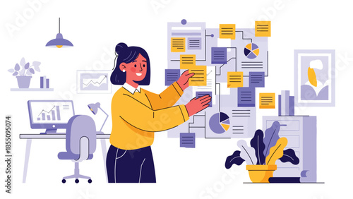Modern flat vector illustration of woman organizing tasks and notes in office, productivity planning scene, ideal for project management visuals
