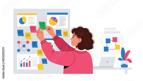 Modern flat vector illustration of woman organizing tasks and notes in office, productivity planning scene, ideal for project management visuals