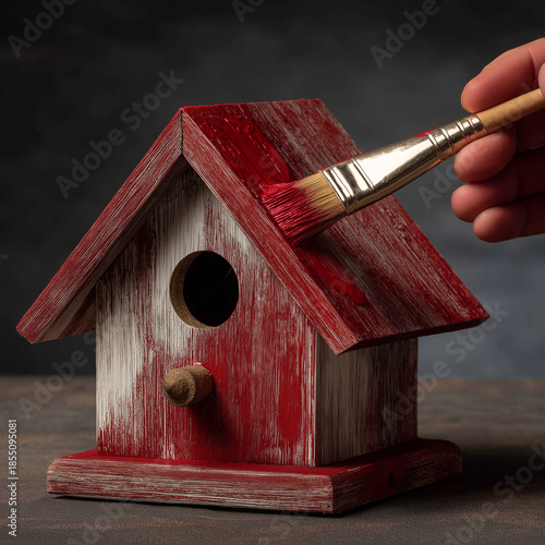 red wooden bird house being painted