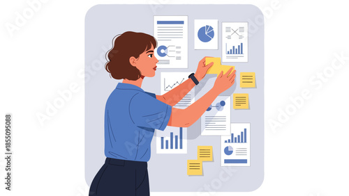 Modern flat vector illustration of woman organizing tasks and notes in office, productivity planning scene, ideal for project management visuals