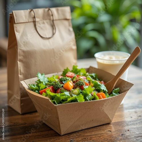 A fresh salad in a brown bowl sits beside eco-friendly cups, wooden cutlery, and a paper bag.