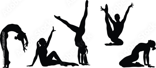 Silhouettes of people performing yoga poses on a white background exercise