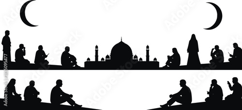 Silhouettes of people praying in front of a mosque under a crescent moon