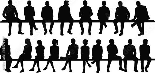 Large set of sitting people silhouettes sitting on a ledge in various poses, diverse men and women groups isolated icons.