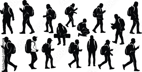 Silhouettes of people with backpacks in various poses and activities walking sitting