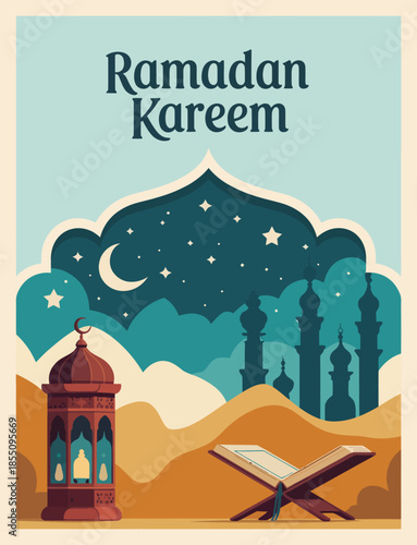 Ramadan Kareem greeting poster with Islamic lantern, holy Quran book, crescent moon, and mosque silhouette against a starry night sky for religious celebrations.