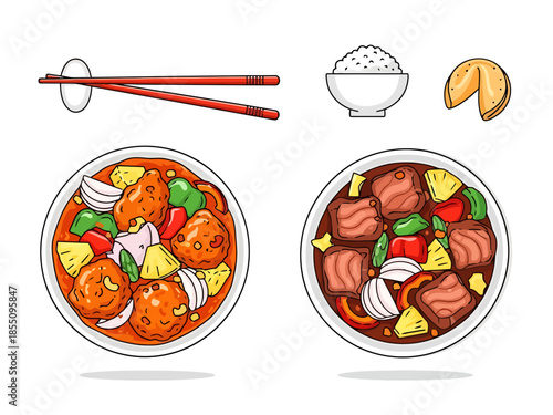 Asian Cuisine Meal Set Icon Sweet and Sour Dishes Rice Fortune Cookie and Chopsticks