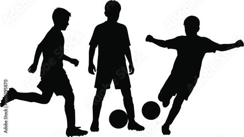 Three black silhouette soccer players kicking a ball in action silhouettes