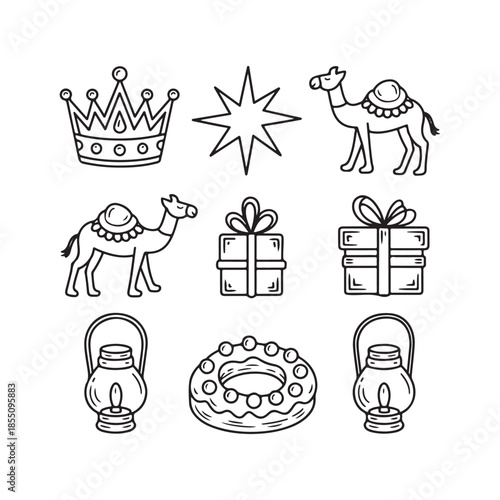 Hand-Drawn Doodle Icons for Epiphany  Crowns, Gifts & Roscon Cake