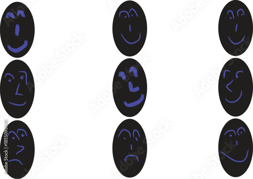 A collection of nine black oval shaped objects with blue markings