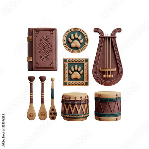 3D Clay Icons for Finland’s Kalevala Day  Rune Book, Folk Instruments & Nordic Patterns