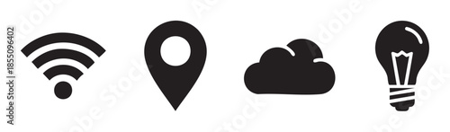 Wi-Fi, location, cloud, and light bulb icons are displayed in a row, representing connectivity, navigation, data storage, and innovative ideas.