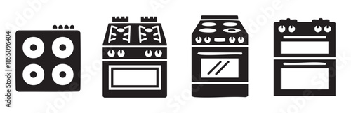 Kitchen stove oven appliance cooking household equipment icons collection featuring various modern and classic cooking ranges for home and professional use.