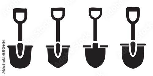 Four different black silhouette shovel icons representing various gardening tools and construction equipment for digging, planting, and landscaping tasks.