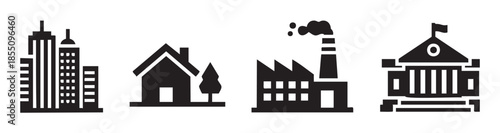 Various building icons representing different types of architecture, including urban skyscrapers, residential homes, industrial factories, and civic institutions, symbolizing community and economy.