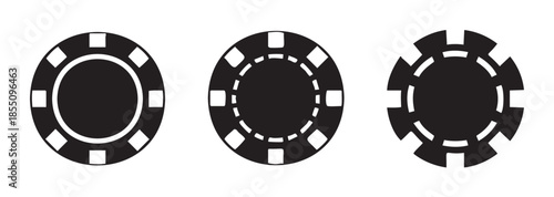 Three black and white poker chips with distinct designs are arranged horizontally, representing gambling, games, and casino entertainment.