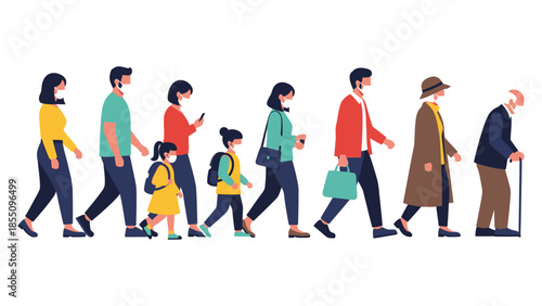 Multigenerational Group Wearing Face Masks or Diverse People Walking with Protective Masks