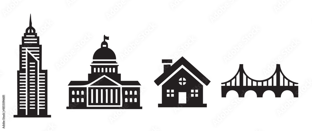 Fototapeta premium Various architectural buildings and a bridge are presented as simple black silhouettes, representing diverse urban, governmental, and residential structures.