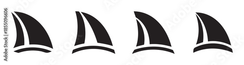 Four black shark fins are depicted in a row, showcasing a stylized and minimalist design suitable for various marine or danger-related concepts.