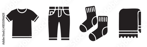 Various clothing items and textiles are displayed as simple black silhouette icons, illustrating everyday apparel and laundry concepts.