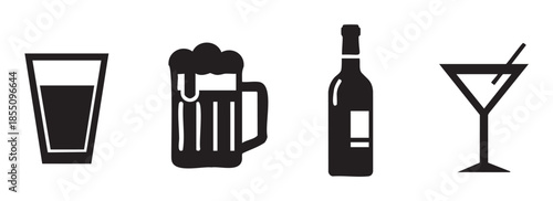 Collection of beverage icons representing various types of alcoholic and non-alcoholic drinks commonly served in bars and restaurants.