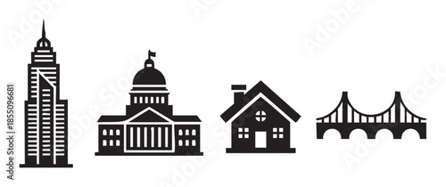 Various architectural buildings and a bridge are presented as simple black silhouettes, representing diverse urban, governmental, and residential structures.