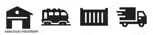 Black silhouette icons representing various logistics and transportation services including warehouse, bus, shipping container, and delivery truck symbols for global supply chain operations.