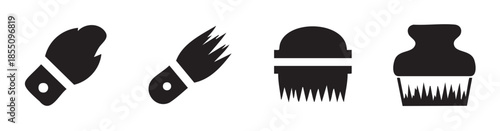 Various brushes and painting tools icon set illustrating different types of instruments used for art, cleaning, or personal grooming in a simple black silhouette style.