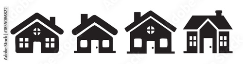 Four simple house icons representing residential properties, real estate, and various housing concepts, ideal for web design, apps, and digital interfaces.