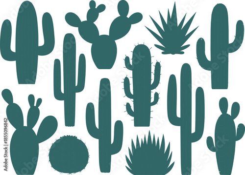 Flat vector illustration set of green cactus plants, desert succulents collection, botanical nature elements, minimal design style