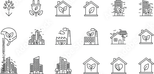 Eco friendly green building and sustainable energy icon set featuring renewable power symbols residential housing smart city infrastructure and environmental conservation