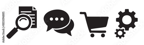 Digital business process icons representing search, communication, shopping, and settings are displayed in a clean, modern black and white vector illustration.