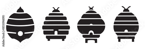 Four different stylized beehive icons representing beekeeping, honey production, and the natural habitat of bees in a simple black and white vector illustration.