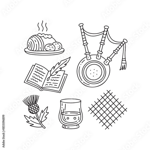 Hand-Drawn Doodle Icons for Burns Night  Haggis, Bagpipes & Poetry