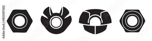 Various industrial nuts and mechanical fasteners collection displayed as simple black silhouette icons, representing essential hardware components.