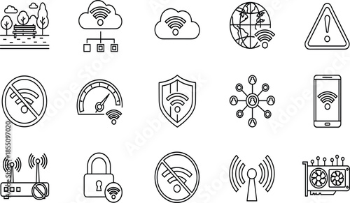 Vector set of wireless internet line icons, router, signal strength, network security, cloud connection, and speed test symbols for web.