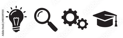 Education, innovation, search, and process icons representing learning, discovery, and problem-solving concepts for academic and business development.