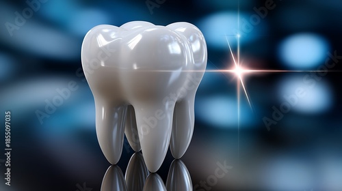 Shiny and Healthy Tooth on a Glossy Surface with a Bright Reflection