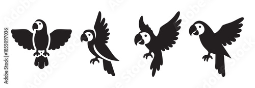 Four black parrot silhouettes in various flight and perching poses, depicting tropical birds with expressive forms and dynamic movements.