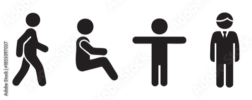 Human figure pictograms representing various poses and actions like walking, sitting, standing, and a businessman, useful for public signage and infographics.