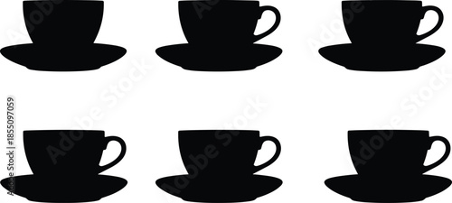 Six black coffee cups with saucers arranged in two rows of three