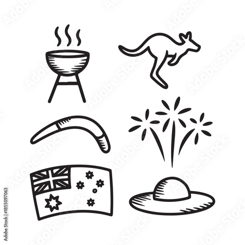Hand-Drawn Doodle Icons for Australia Day  BBQ, Kangaroo & Flag