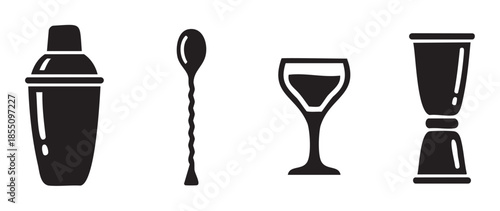 Cocktail shaker, bar spoon, glass, jigger icons represent essential equipment for mixology and preparing alcoholic beverages in a stylish, minimalist black silhouette design.