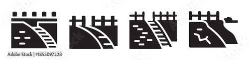Road construction barrier icons illustrating various paths, ramps, and obstacles, symbolizing progress, challenges, and infrastructure development in a modern graphic style.