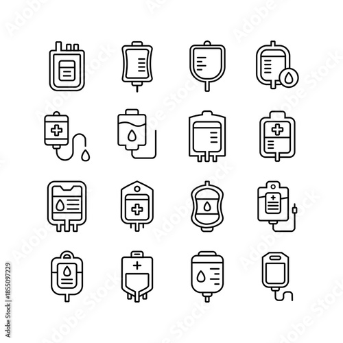 Medical Blood Bag Line Icons Set for Transfusion, Donation and Hospital Healthcare