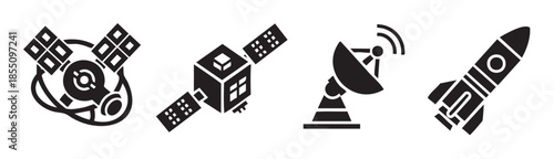 Space technology icons illustrating various satellites, rockets, and communication dishes, symbolizing innovation, exploration, and global connectivity in the modern era.