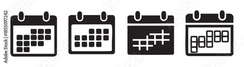 Four different calendar icons with various date representations are presented in a clean, minimalist black and white vector style, suitable for web and app design.